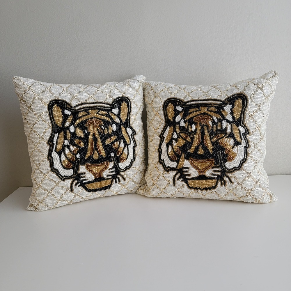 Tiger Beaded Throw Pillows‎ Set of 2 Cream Gold Safari Decor 14in Square
